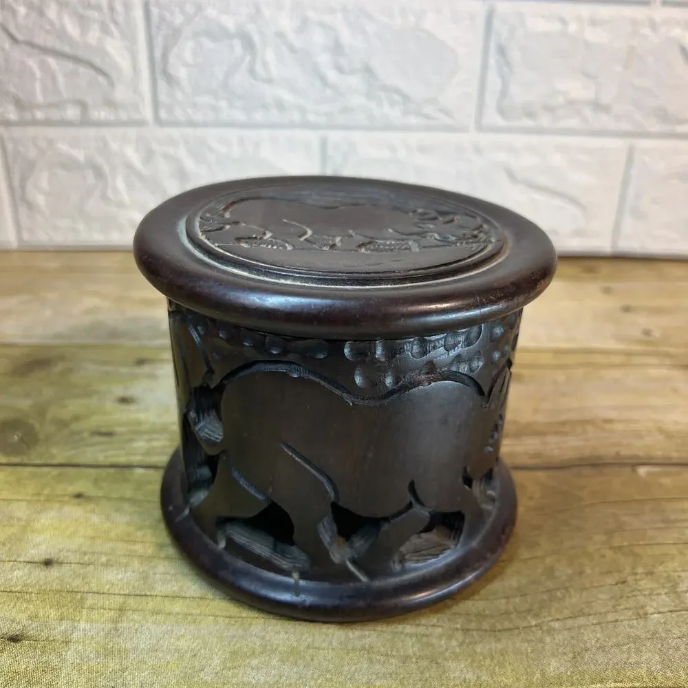 Hand Carved Wooden Africa 6 Coaster Set with Holder & Lid Beautiful Boho 4x5”